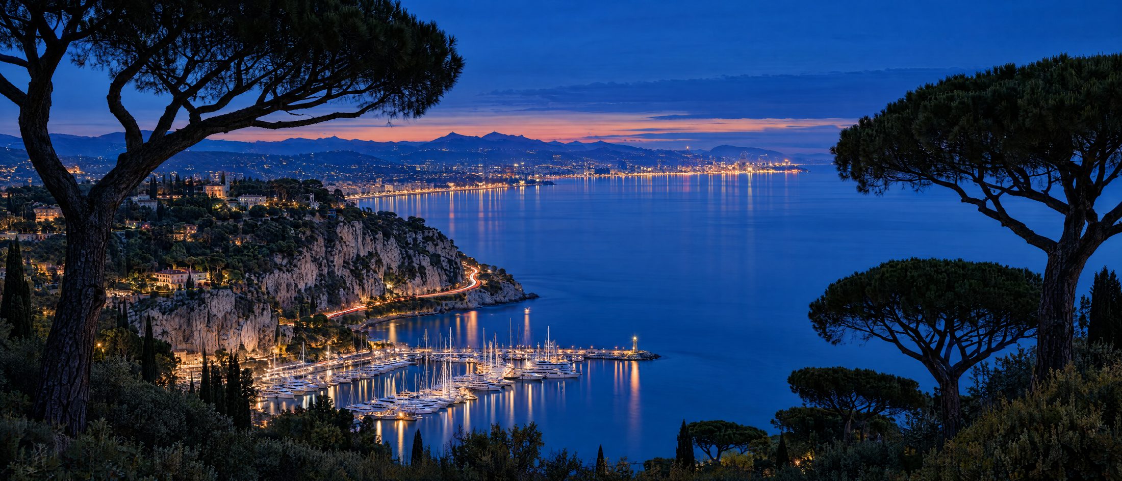 Umbrella pines above limestone coves and a yacht marina on the Attic coast at dusk