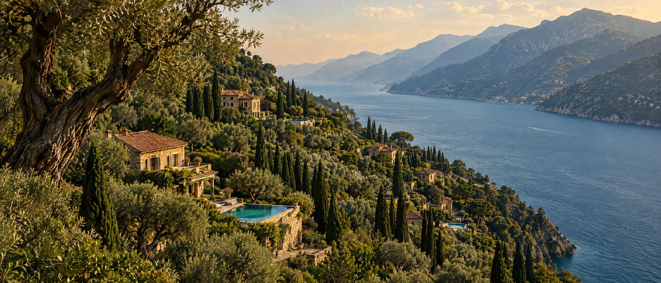 Stone villas tucked into a steep coast of huge old olive trees above a narrow blue channel