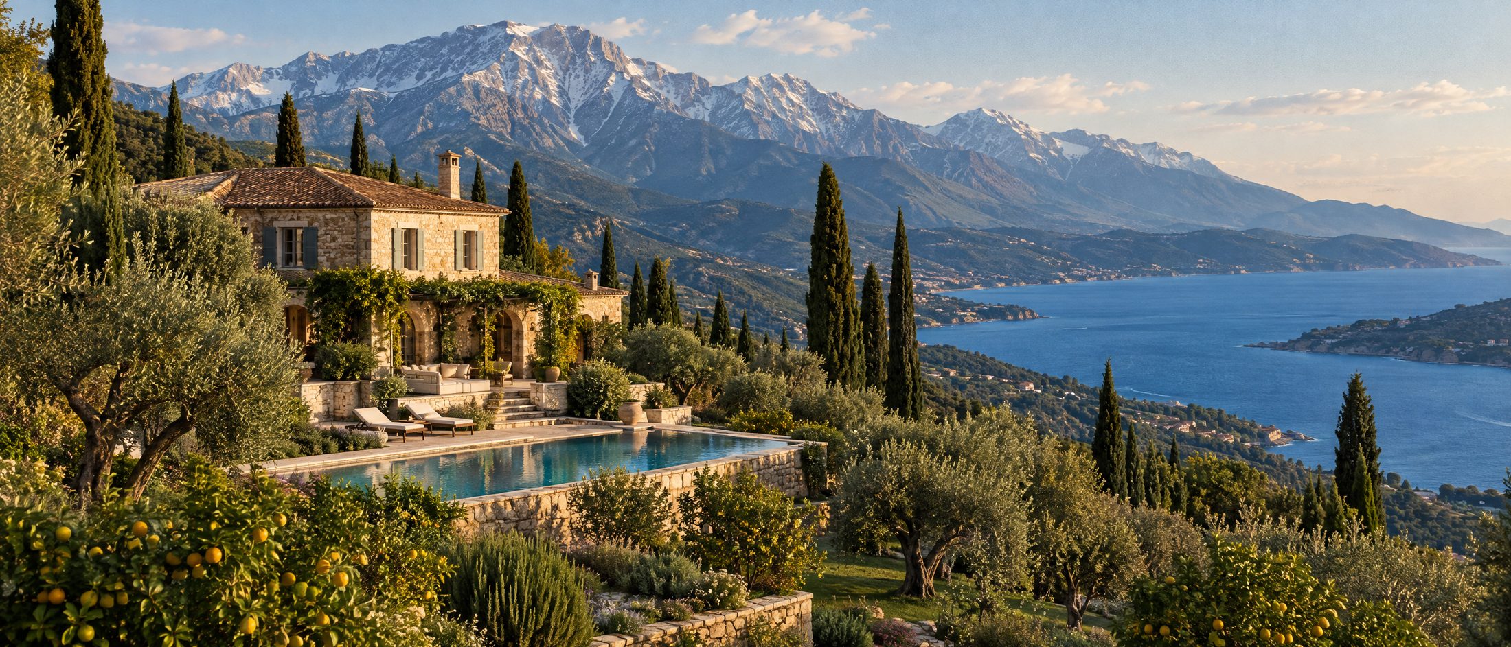 A stone villa with a green garden in foothills below high bare mountains above a wide gulf
