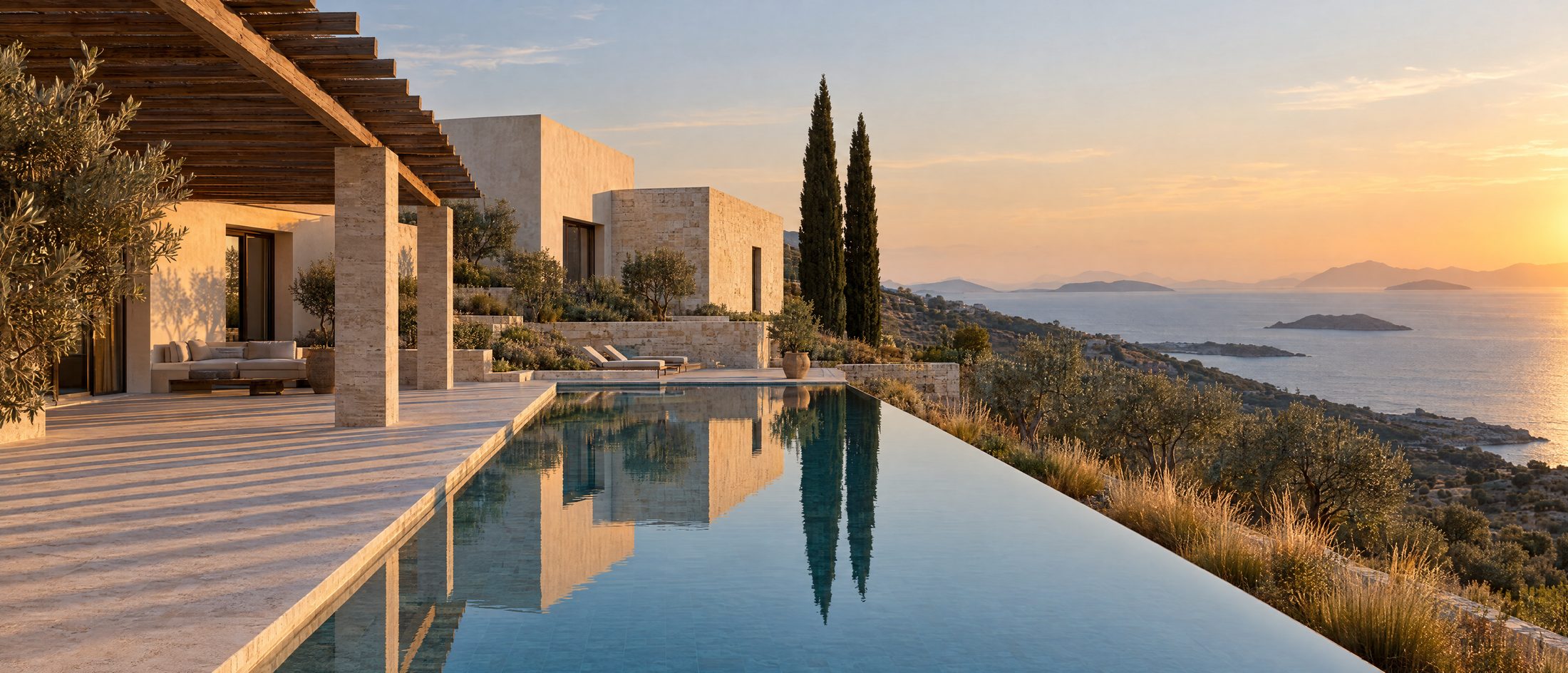 A contemporary Greek stone villa with an infinity pool above the Aegean