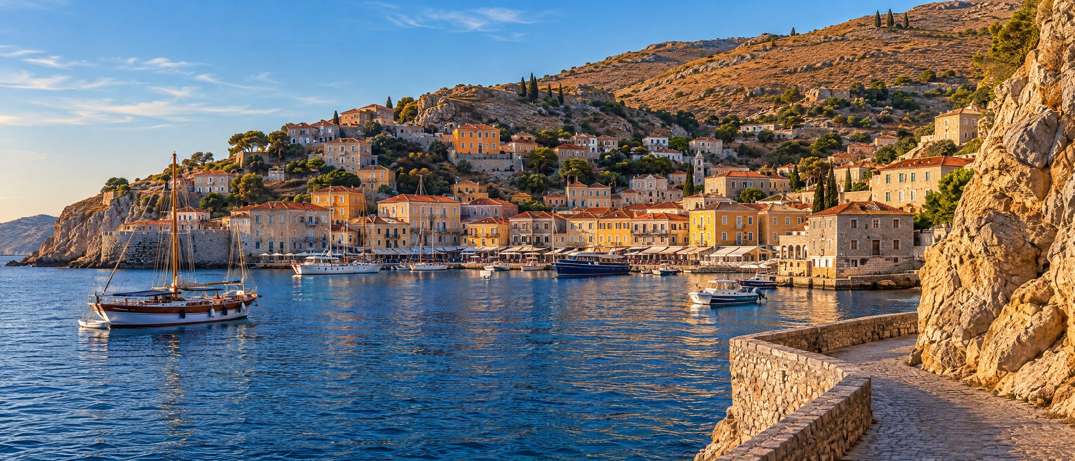 The stone and ochre amphitheatre of Hydra town rising around its harbour in late afternoon light