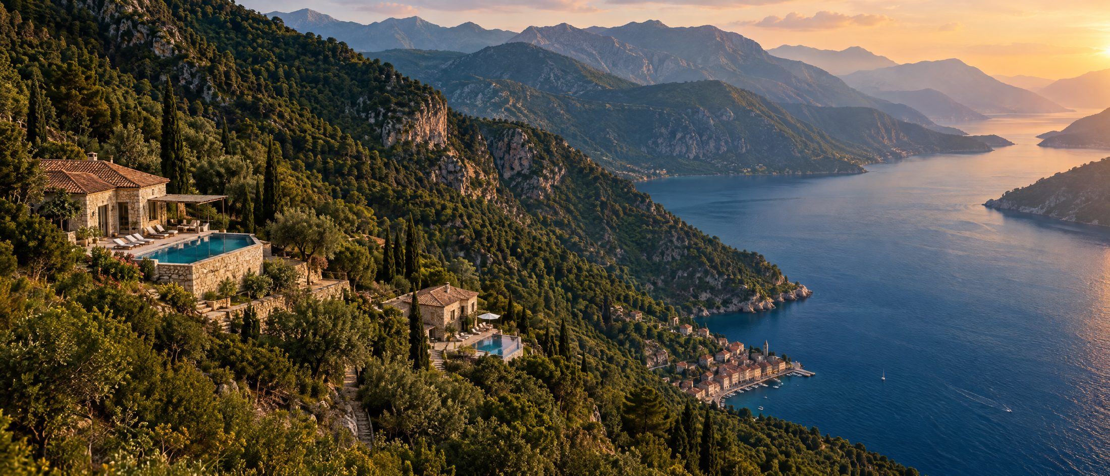 Stone villas on terraces cut into a forested mountain dropping into a deep blue bay