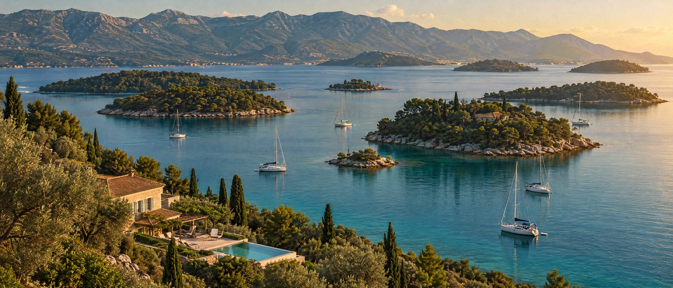A villa among olives above a calm channel scattered with small wooded islands and yachts