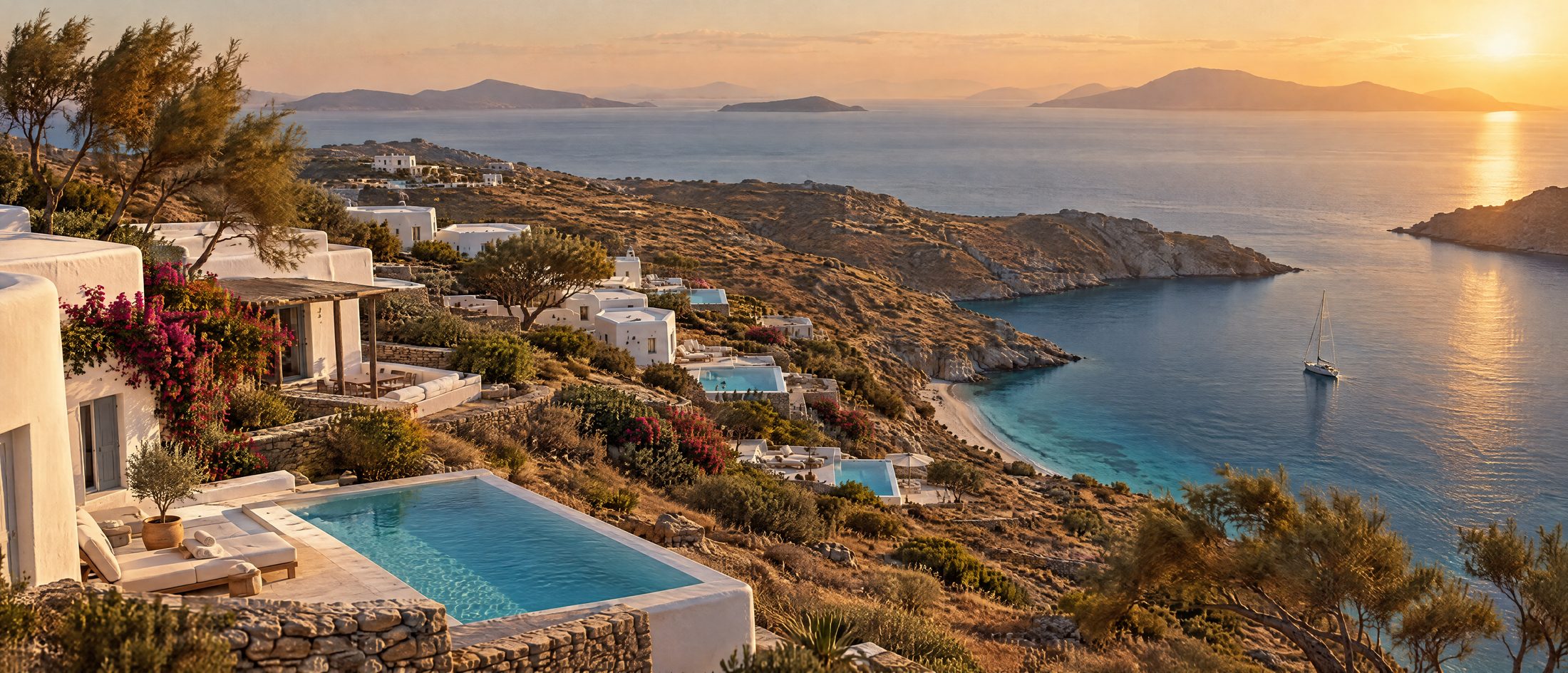 Whitewashed villas with private pools scattered across a dry Cycladic hillside above a turquoise bay at sunset