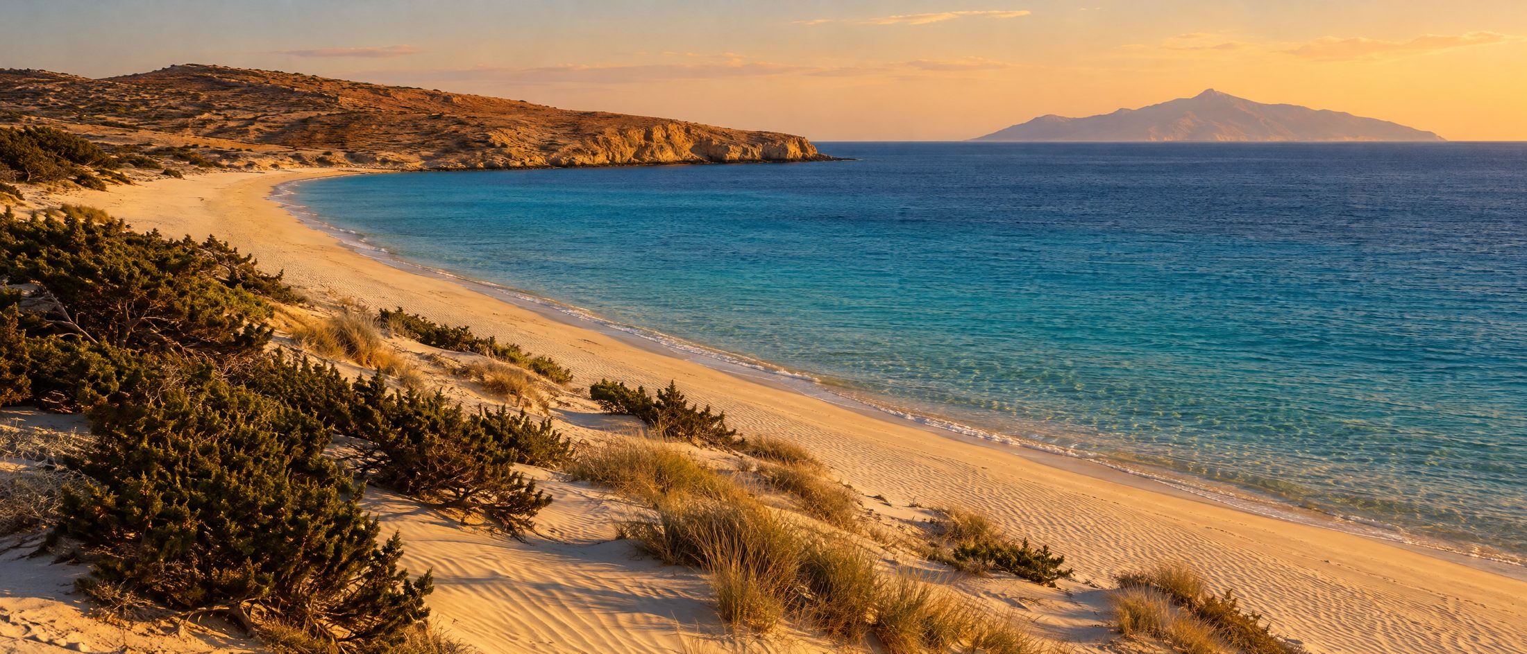 A long empty Cycladic sand beach with low dunes and cedar scrub at golden hour