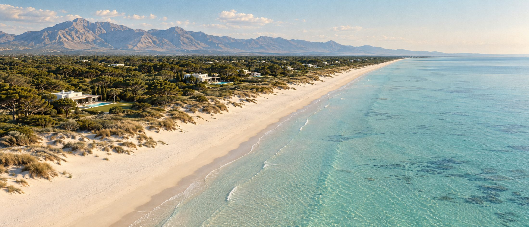 White villas set back behind a very long straight pale sand beach and low dunes