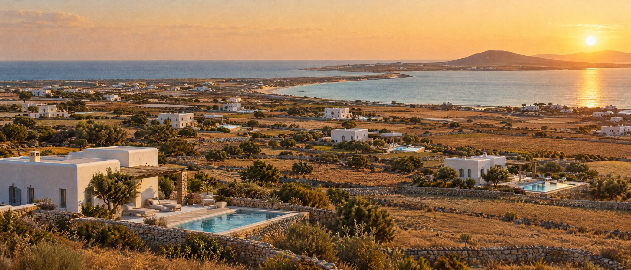 White houses with private pools scattered across low Cycladic farmland above a sheltered bay