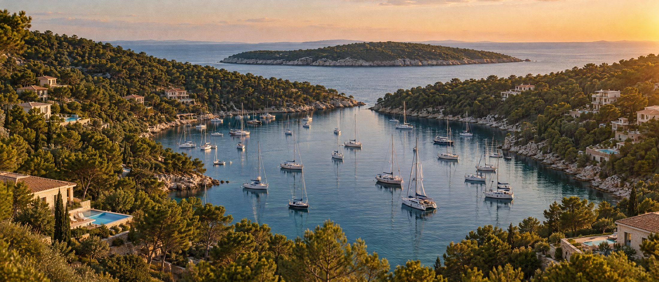An enclosed natural harbour full of yachts ringed by pine hills with villas among them
