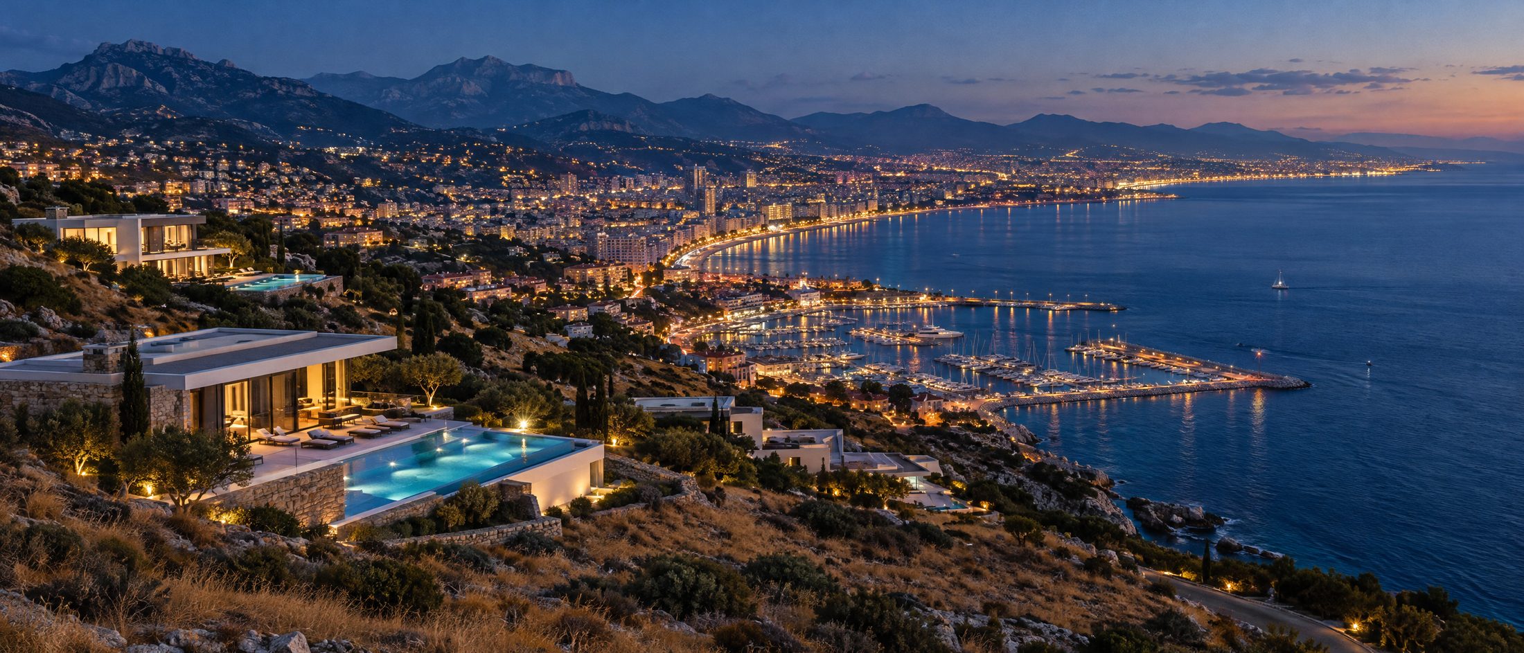 Villas with lit pools on a dry coastal hillside with a capital city glittering along the bay behind