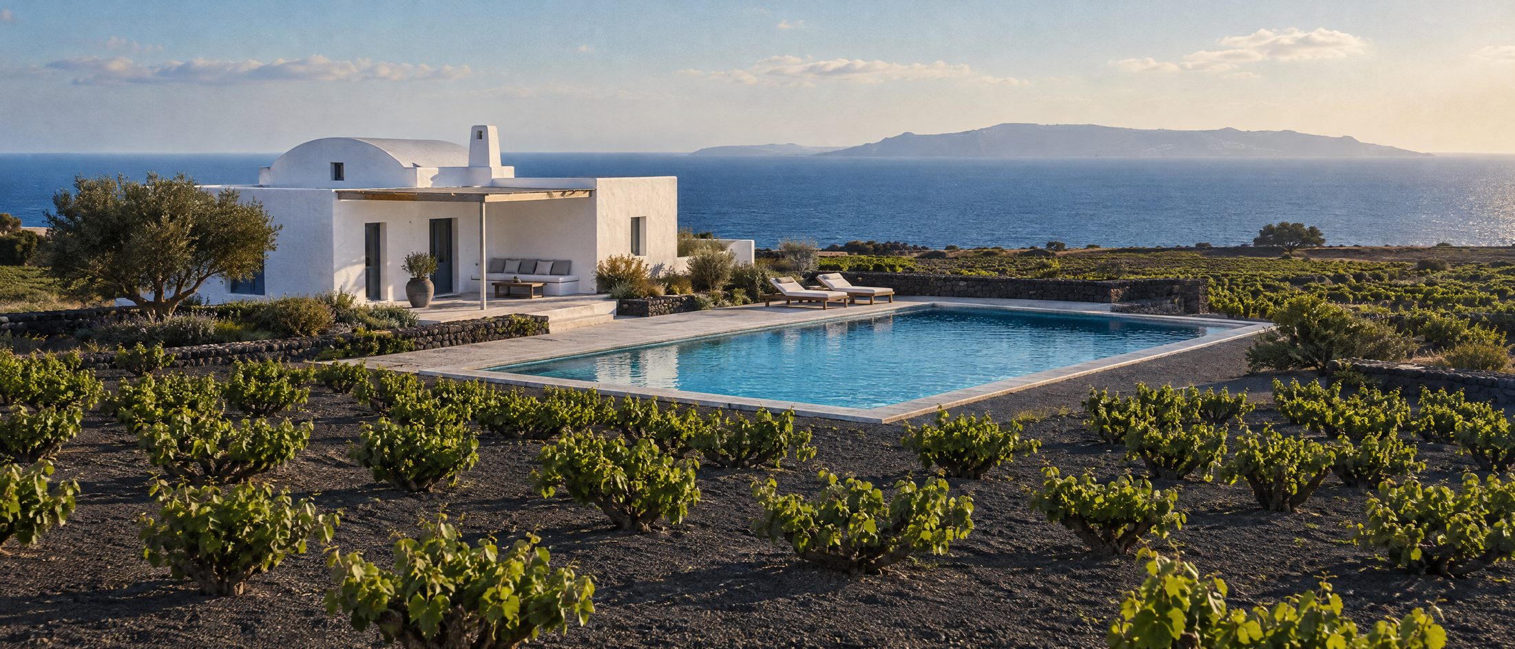 A whitewashed house with a full-size pool on flat volcanic ground among low vines