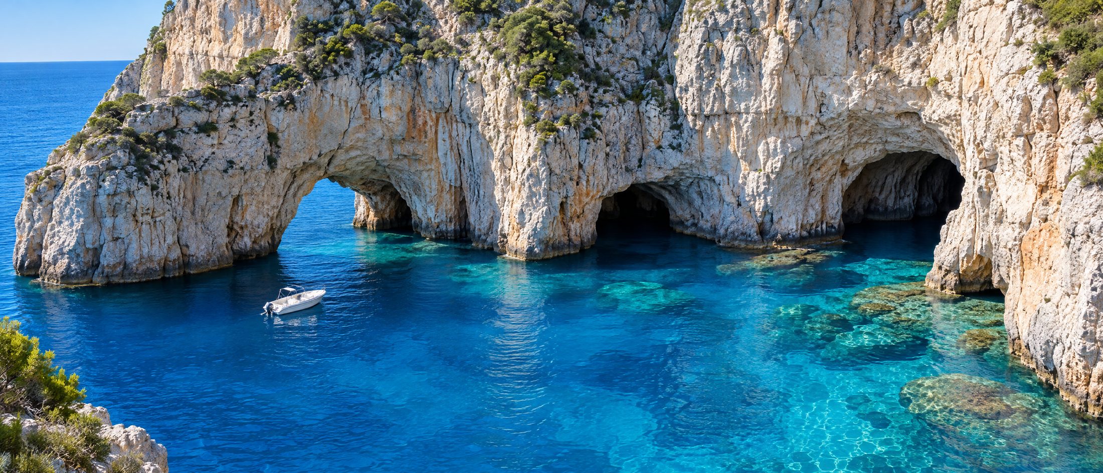 A limestone cove with sea caves and luminous blue water in morning light
