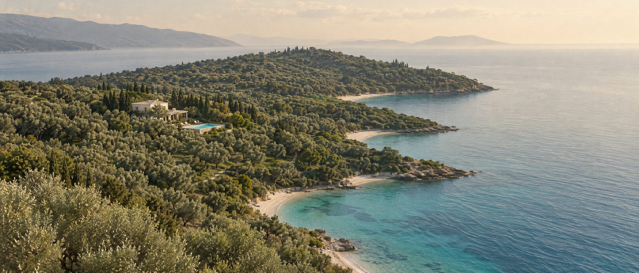 A green olive peninsula running into a calm sea with empty sandy coves below