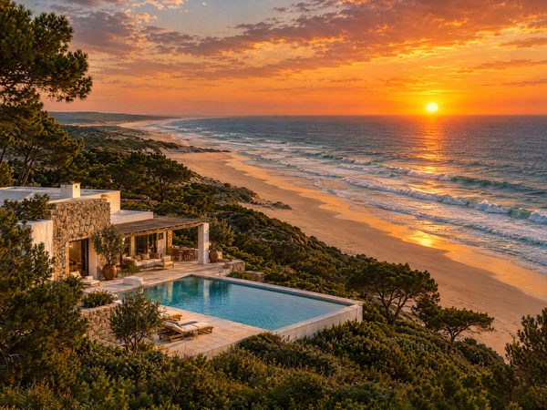 A villa on a low green headland above a long open sandy beach at sunset