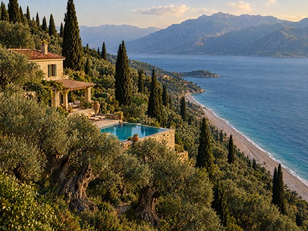A stone villa on an olive-covered slope above a shingle beach and a narrow blue channel