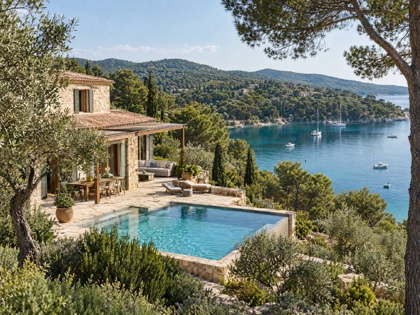 A family villa on a wooded slope above a sheltered green bay with small boats