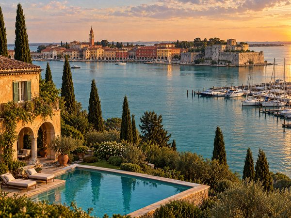 A villa on a green bay beside a Venetian town with an ochre fortress across the water