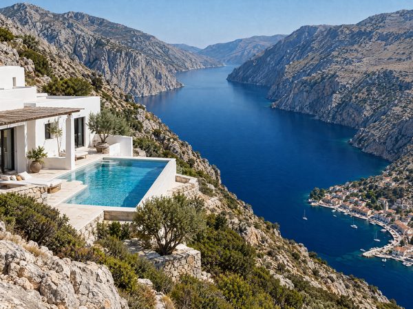 A white villa high on a rocky slope above a deep blue enclosed gulf