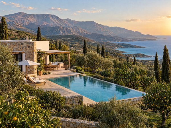 A stone and white villa with a pool in green foothills below bare mountains