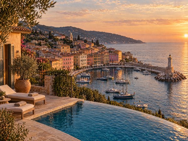A villa terrace above an old Venetian harbour with a stone lighthouse