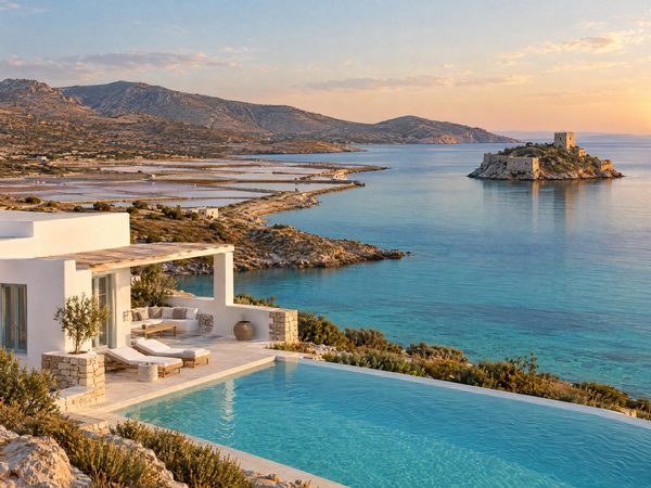 A low villa on a calm sheltered bay looking out to a small fortified islet