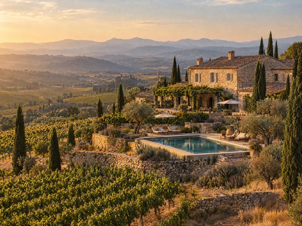 A stone country villa with a pool among terraced vineyards inland