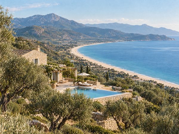 A stone villa among olive groves above a long sandy beach and wide bay