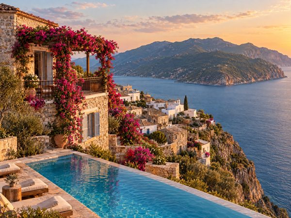 A stone house on a cliff-top village edge looking across a gulf to a green peninsula