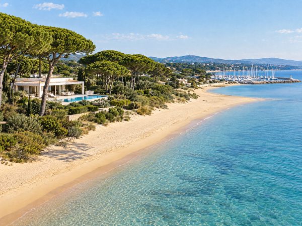 A modern villa among umbrella pines behind a long wide sandy beach with a marina beyond