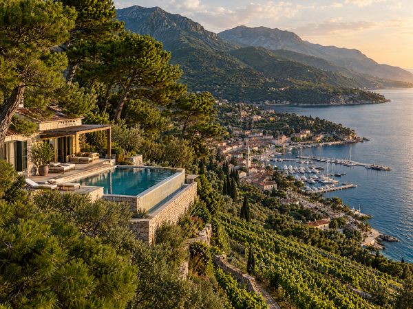 A villa on a pine hillside above a marina town with terraced vineyards running to the sea