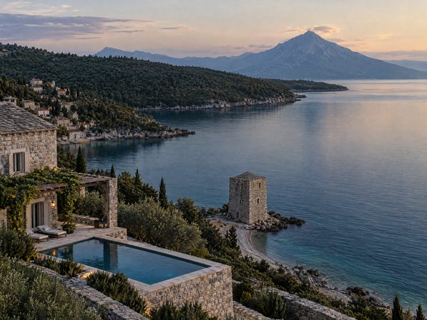 A stone villa by a village with a Byzantine tower on the beach and a forested peninsula beyond