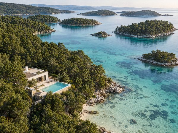 A villa in pine forest above a shallow bay scattered with small wooded islands