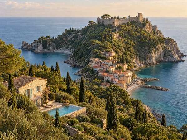 A painted house above a tiny village on an isthmus below a ruined Venetian fortress