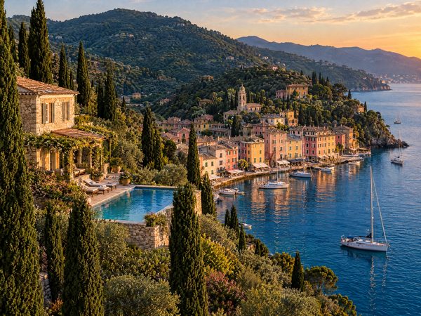 A stone villa above a Venetian harbour village of pastel houses with yachts along the quay