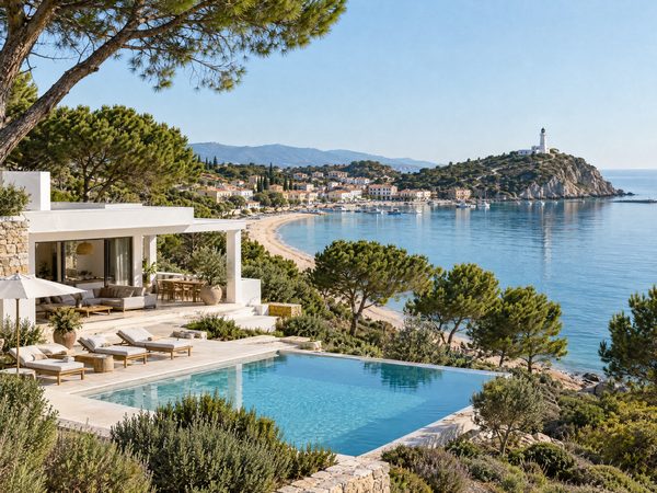 A modern villa near a sandy bay on the edge of a working town, with a lighthouse headland