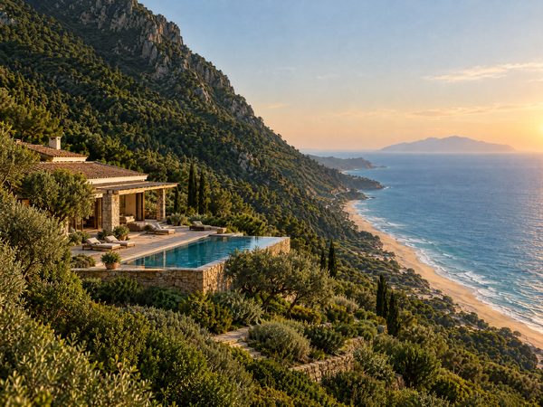 A villa on a terraced slope with a forested mountain behind and a long beach below