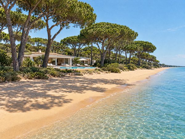 A family villa among umbrella pines behind a very long golden sandy beach