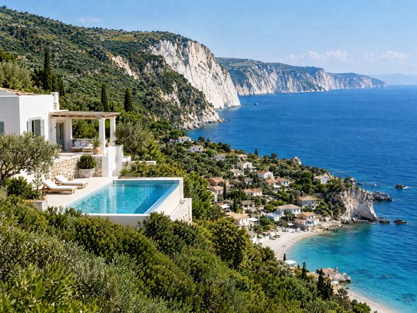 A villa above a small west-coast village with white chalk cliffs curving away beyond