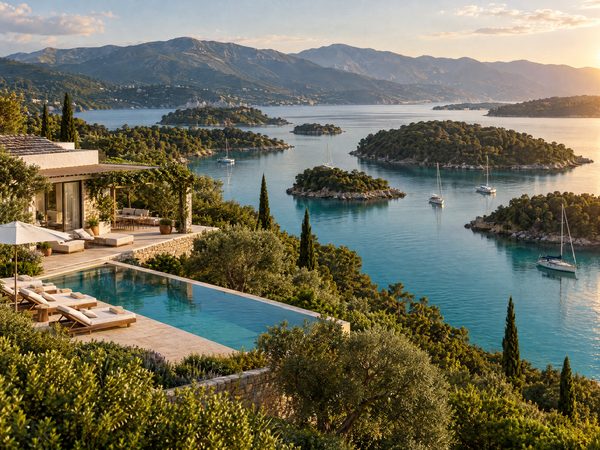 A villa above a calm channel scattered with small wooded islands and anchored yachts