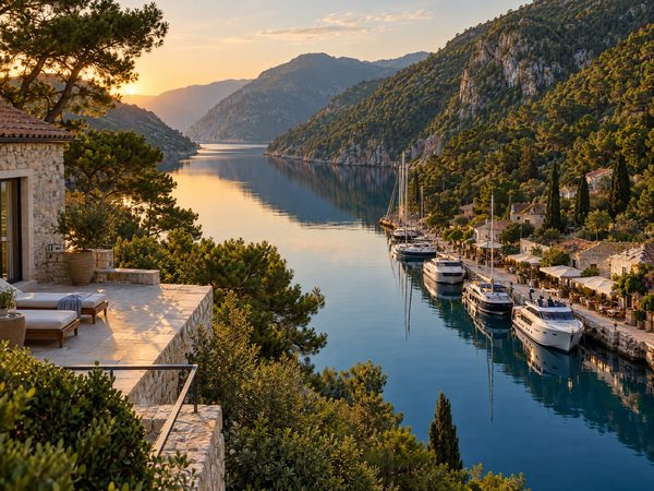 A villa terrace above a narrow fjord-like inlet with yachts moored along a stone quay