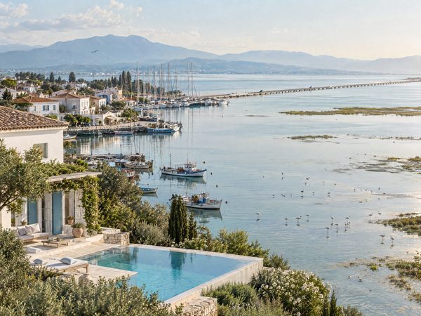 A villa beside a working town, a shallow lagoon and the causeway to the mainland