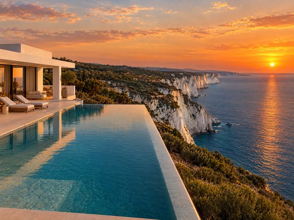 A villa with an infinity pool above a long line of white sea cliffs at sunset