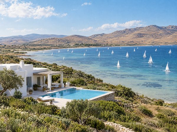 A villa above a wide shallow bay with dozens of small sails out in steady wind
