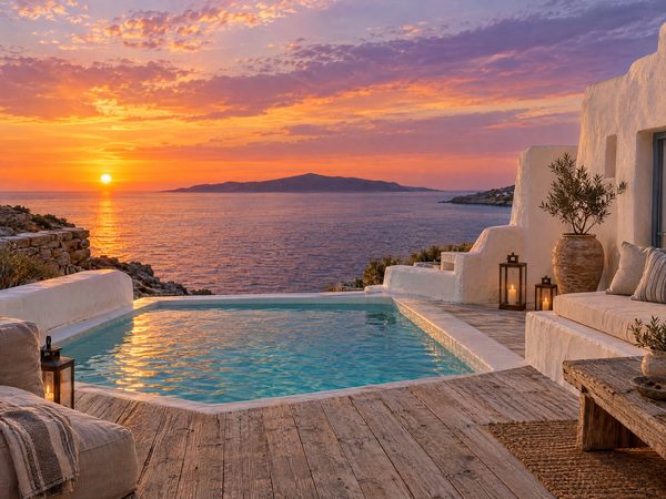 A plunge pool and timber deck looking west across a channel to a low island at sunset