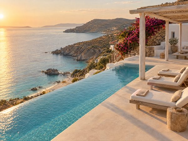A villa terrace and infinity pool high above a sheltered turquoise bay at golden hour