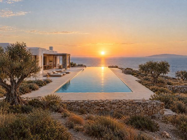 A long rectangular infinity pool on a flat open plot facing the sunset, no neighbours in sight