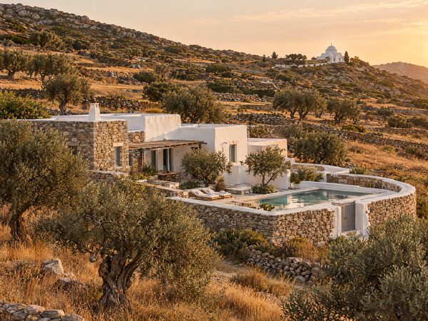 An inland stone and whitewashed house among olive trees and dry stone field walls