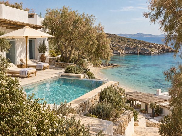 A relaxed villa terrace and pool just above a calm sandy bay