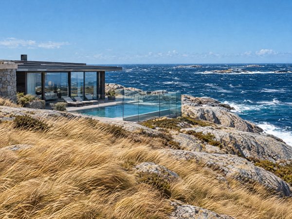 A low villa behind a glass windbreak on an exposed coast, grass bending in strong wind