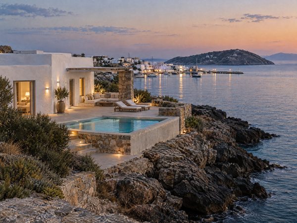 A cubic whitewashed villa on a rocky shoreline with harbour lights in the distance