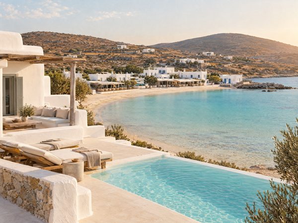 A white villa behind a sheltered sandy bay with shallow turquoise water and low tavernas